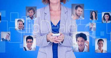 Composite image of portrait of smiling businesswoman using mobil