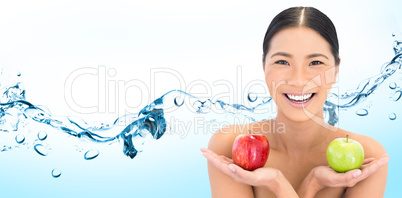 Composite image of smiling natural brunette holding apples in bo