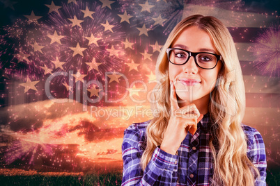 Composite image of gorgeous smiling blonde hipster thinking