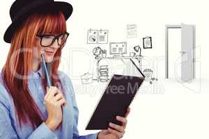 Composite image of smiling hipster woman writing notes