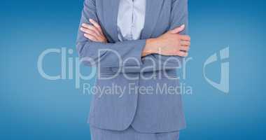 Composite image of portrait of smiling businesswoman standing ar