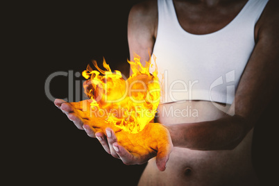 Composite image of woman presenting with her hands