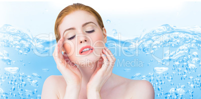 Composite image of beautiful redhead posing with hands