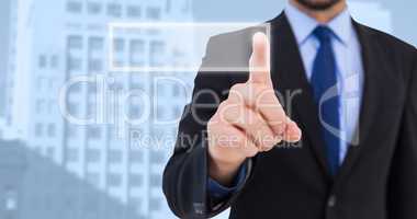 Composite image of businessman pointing his finger at camera