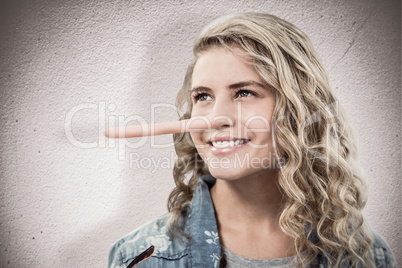 Composite image of smiling woman looking away