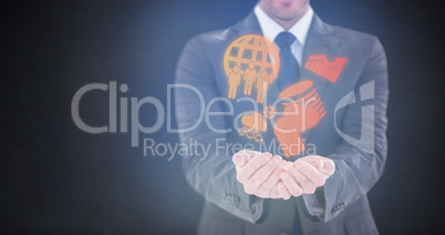 Composite image of smiling businessman presenting with hands