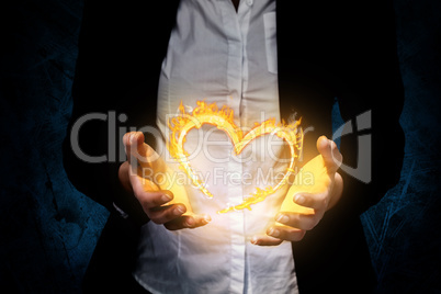 Composite image of businesswomans hands presenting