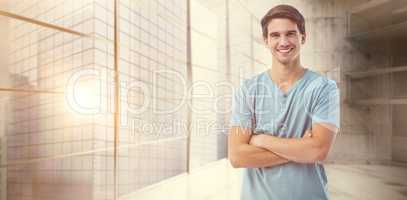 Composite image of handsome man smiling at camera