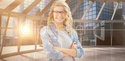 Composite image of portrait of smiling businesswoman wearing eye