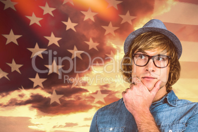 Composite image of close up of hipster man thinking