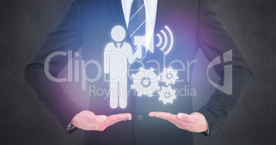 Composite image of happy businessman standing with hands out