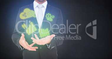 Composite image of businessman gesturing with his hands