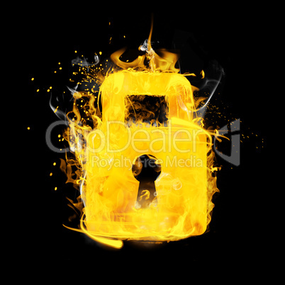Composite image of closed padlock on fire