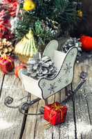 Christmas card with sleigh and ornaments
