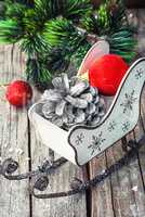 Christmas card with sleigh and ornaments