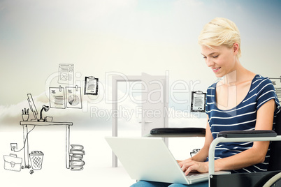 Composite image of woman in wheelchair using computer