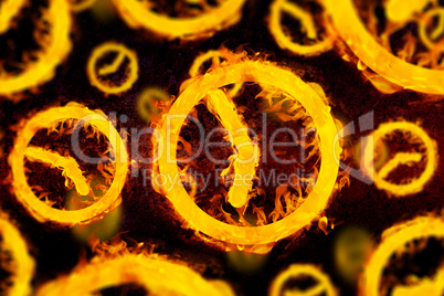 Composite image of several clocks in fire