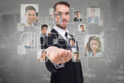 Composite image of cheerful businessman offering with his open h
