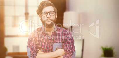 Composite image of confident hipster wearing eye glasses with ar