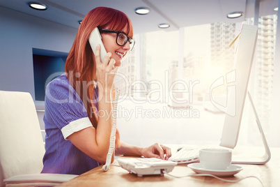 Composite image of smiling hipster woman on phone