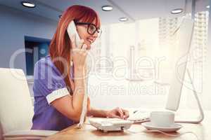 Composite image of smiling hipster woman on phone