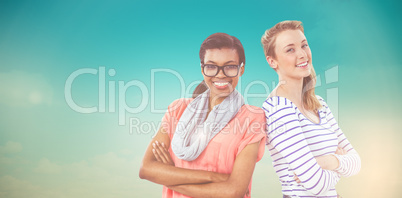 Composite image of woman posing with arm crossed