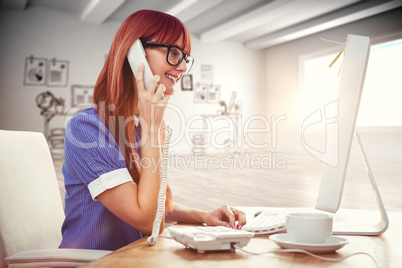Composite image of smiling hipster woman on phone