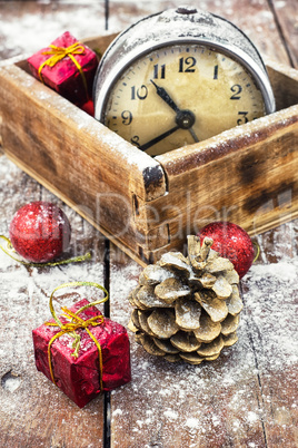 retro arrangement for Christmas with an old alarm clock