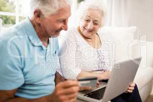 Smiling senior couple using laptop