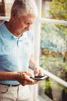 Senior man next to the window using smartphone