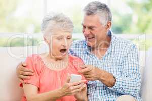 Smiling senior couple using smartphone