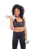 African American woman with two dumbbell's.