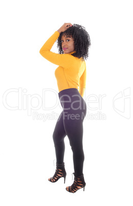 African American woman in tights.