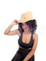 African American woman with straw hat.