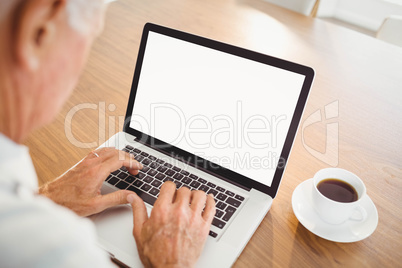 Focused elderly man typing on laptop