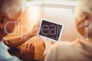 Rear view of senior couple using tablet