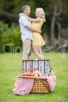 Happy couple hugging next to picnic basket