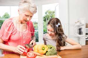 Grandmother and granddaughter slicing vegetables