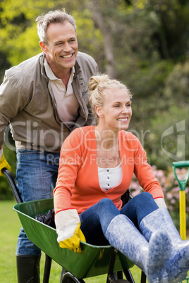 Husband pushing wife in a wheelbarrow