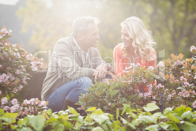 Cute couple looking at flowers