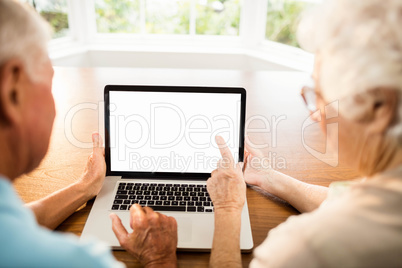 Rear view of senior couple using laptop