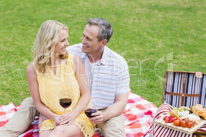 Happy couple having a picnic with wine