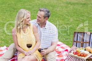 Happy couple having a picnic with wine