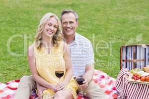 Happy couple having a picnic with wine