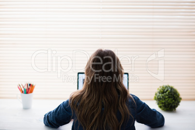 Rear view of hipster businesswoman using laptop