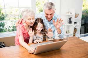 Portrait of smiling grandparents and granddaughter using laptop