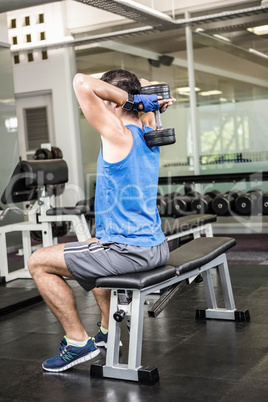 Muscular man lifting dumbbell while sitting on bench