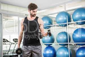 Concentrated man lifting dumbbells