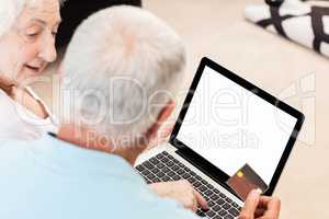 Focused senior couple using laptop