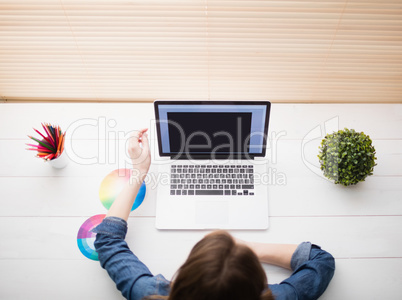 Overhead view of businesswoman using laptop